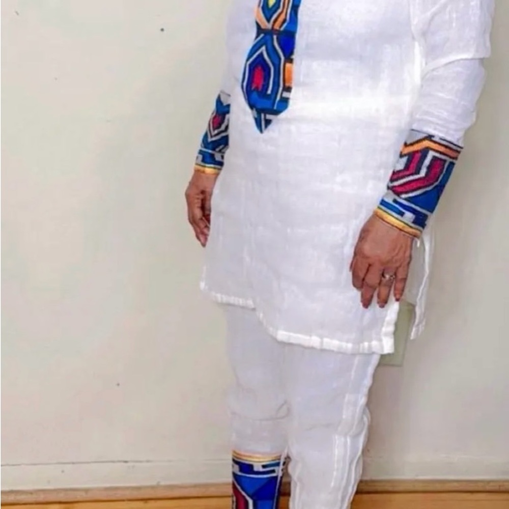 White and Blue Geometric Trim Jumpsuit